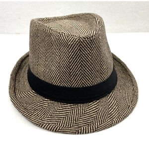 Mens Fedora Hat Large 58 cm‎ Brown Wool Blend Herringbone Hipster Cap
